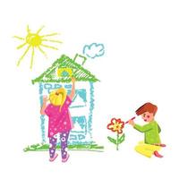 Boy And Girl Children Drawing With Crayon Vector