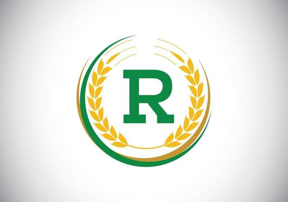 Initial letter R sign symbol with wheat ears wreath. Organic wheat farming logo design concept. Agriculture logo design vector template.