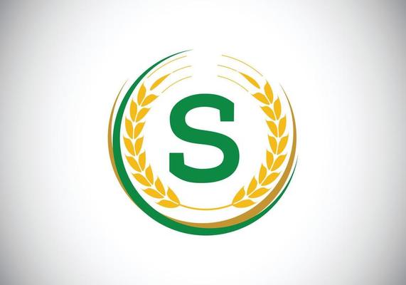 Initial letter S sign symbol with wheat ears wreath. Organic wheat farming logo design concept. Agriculture logo design vector template.