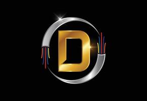 Initial D monogram letter alphabet with electric wire, optical fiber cable. Font emblem. vector