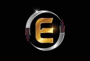 Initial E monogram letter alphabet with electric wire, optical fiber cable. Font emblem. vector