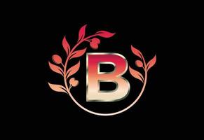 Initial letter B sign symbol with olive branch wreath, Round floral frame made by the olive branch vector