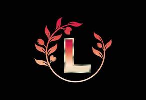Initial letter L sign symbol with olive branch wreath, Round floral frame made by the olive branch vector