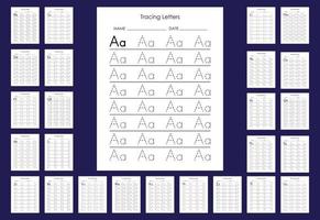 Alphabet tracing practice Letter A to Z. Uppercase lowercase trace practice activity page. vector