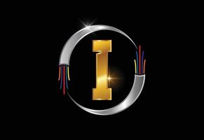 Initial I monogram letter alphabet with electric wire, optical fiber cable. Font emblem.