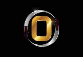Initial O monogram letter alphabet with electric wire, optical fiber cable. Font emblem. vector