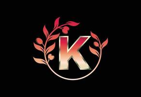 símbolo inicial de la letra k con corona de rama de olivo, marco floral redondo hecho por la rama de olivo vector