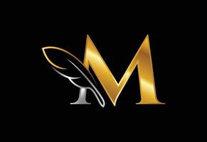 Initial M alphabet with a feather. Law firm icon sign symbol. Logo for a writer or publishers vector