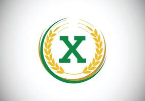 Initial letter X sign symbol with wheat ears wreath. Organic wheat farming logo design concept. Agriculture logo design vector template.