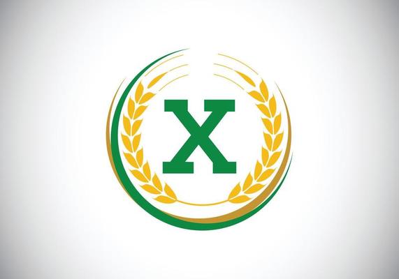 Initial letter X sign symbol with wheat ears wreath. Organic wheat farming logo design concept. Agriculture logo design vector template.
