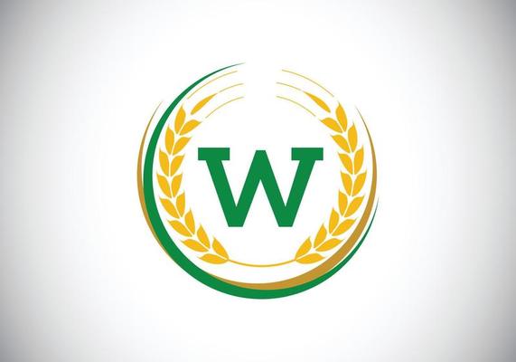 Initial letter W sign symbol with wheat ears wreath. Organic wheat farming logo design concept. Agriculture logo design vector template.