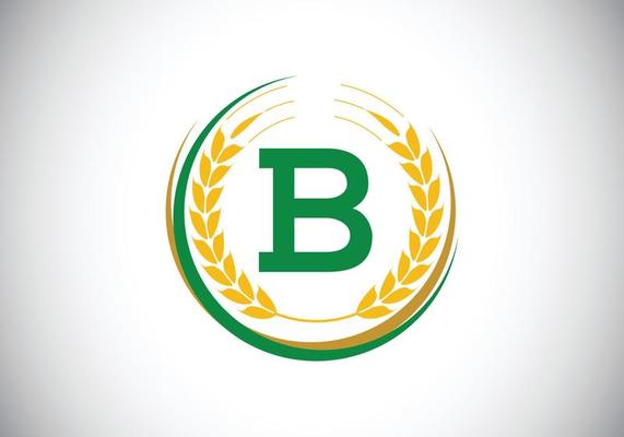 Initial letter B sign symbol with wheat ears wreath. Organic wheat farming logo design concept. Agriculture logo design vector template.