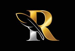 alfabeto inicial r con una pluma. símbolo de signo de icono de bufete de abogados. logotipo para un escritor o editores