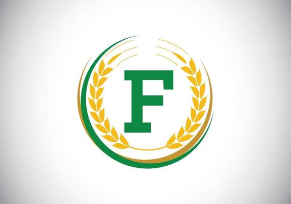 Initial letter F sign symbol with wheat ears wreath. Organic wheat farming logo design concept. Agriculture logo design vector template.