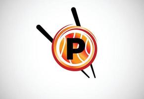 Initial P monogram alphabet in the circle with Chopstick. Asian sushi bar emblem. Logo for sushi vector