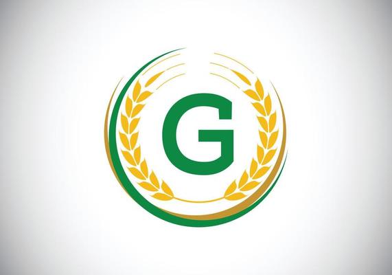 Initial letter G sign symbol with wheat ears wreath. Organic wheat farming logo design concept. Agriculture logo design vector template.
