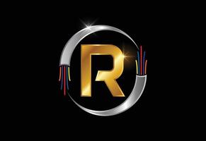 alfabeto inicial de la letra del monograma r con cable eléctrico, cable de fibra óptica. emblema de fuente vector