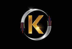 Initial K monogram letter alphabet with electric wire, optical fiber cable. Font emblem.
