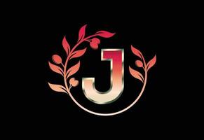 Initial letter J sign symbol with olive branch wreath, Round floral frame made by the olive branch vector
