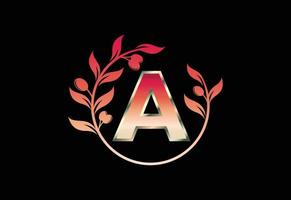 Initial letter A sign symbol with olive branch wreath, Round floral frame made by the olive branch vector