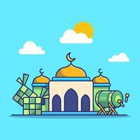 Mosque, ketupat And Bedug Drumb Cartoon Vector Icon Illustration. Building Religion Icon Concept Isolated Premium Vector. Flat Cartoon Style