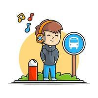 niño feliz escuchando música con auriculares y esperando el autobús en la ilustración del icono del vector de dibujos animados de halte. concepto de icono de personas de transporte vector premium aislado. estilo de dibujos animados plana