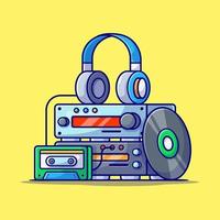 reproductor de sonido del motor de música con ilustración de icono de vector de dibujos animados de vinilo, casete y auriculares. tecnología arte icono concepto aislado premium vector. estilo de dibujos animados plana