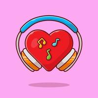 Red Heart Love Music with Headphone, Note, and Tune Music  Cartoon Vector Icon Illustration. Technology Art Icon Concept  Isolated Premium Vector. Flat Cartoon Style