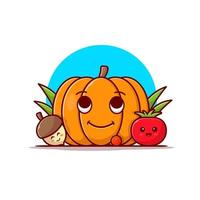 Happy Cute Pumpkin with Cute Acorn and Tomato Cartoon  Vector Icon Illustration. Nature Object Icon Concept Isolated  Premium Vector. Flat Cartoon Style