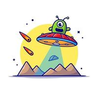 lindo alienígena volando en el planeta con ovni y meteorito espacio caricatura vector icono ilustración. ciencia tecnología icono concepto aislado vector premium. estilo de dibujos animados plana