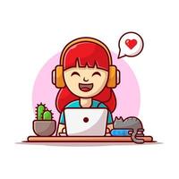 niña feliz escuchando música con auriculares, computadora portátil, gato en el libro y la ilustración del icono del vector de dibujos animados de plantas. concepto de icono de tecnología de personas vector premium aislado. estilo de dibujos animados plana