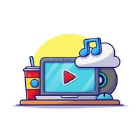 Cloud Music Icon with Laptop, Soda and Note of Music  Cartoon Vector Icon Illustration. Technology Art Icon Concept  Isolated Premium Vector. Flat Cartoon Style