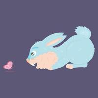 A cute blue hare looks at a small pink butterfly vector