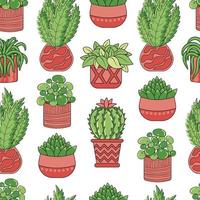 Seamless pattern with home plants ficus, cacti and succulents aloe in pots vector