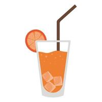 Orange cocktail with ice in a transparent glass with a straw garnished with a slice of orange vector