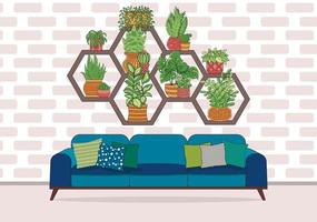 Living room interior with sofa and houseplants in pots on wooden home honeycomb shelf