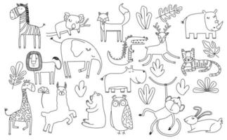 cartoon big set of cute doodle animals. vector