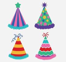 flat cartoon design illustration of colored hat for party celebration birthday set template. vector