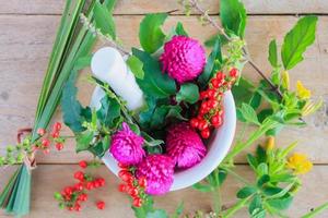 Fresh herbs in the mortar, alternative medicine photo