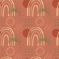 Seamless pattern with abstract shapes and leaves on red brown background. For digital paper and textiles. vector