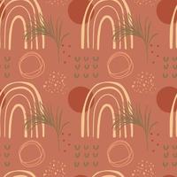 Seamless pattern with abstract shapes and leaves on red brown background. For digital paper and textiles. vector