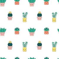 Seamless pattern with cute happy houseplants with faces. Cartoon kawaii cacti in flower pots. Kids flower pattern. vector