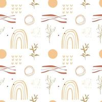 Abstract boho seamless pattern with tropical leaves, lines, ovals, rainbow and dots. Vector illustration of beige, green and brown colors for textiles.
