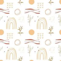 Abstract boho seamless pattern with tropical leaves, lines, ovals, rainbow and dots. Vector illustration of beige, green and brown colors for textiles.