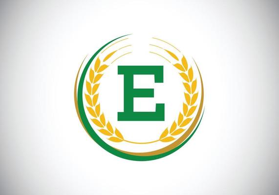 Initial letter E sign symbol with wheat ears wreath. Organic wheat farming logo design concept. Agriculture logo design vector template.