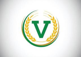 símbolo inicial de la letra v con corona de espigas de trigo. concepto de diseño de logotipo de cultivo de trigo orgánico. plantilla de vector de diseño de logotipo de agricultura.