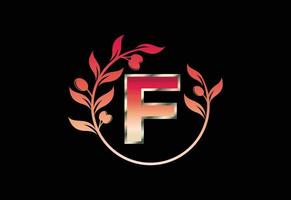 Initial letter F sign symbol with olive branch wreath, Round floral frame made by the olive branch vector