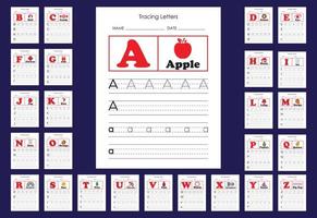Práctica de rastreo alfabético de las letras de la a a la z. página de actividad de práctica de seguimiento en mayúsculas y minúsculas. vector