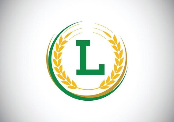 Initial letter L sign symbol with wheat ears wreath. Organic wheat farming logo design concept. Agriculture logo design vector template.