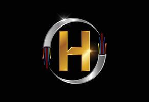 Initial H monogram letter alphabet with electric wire, optical fiber cable. Font emblem.